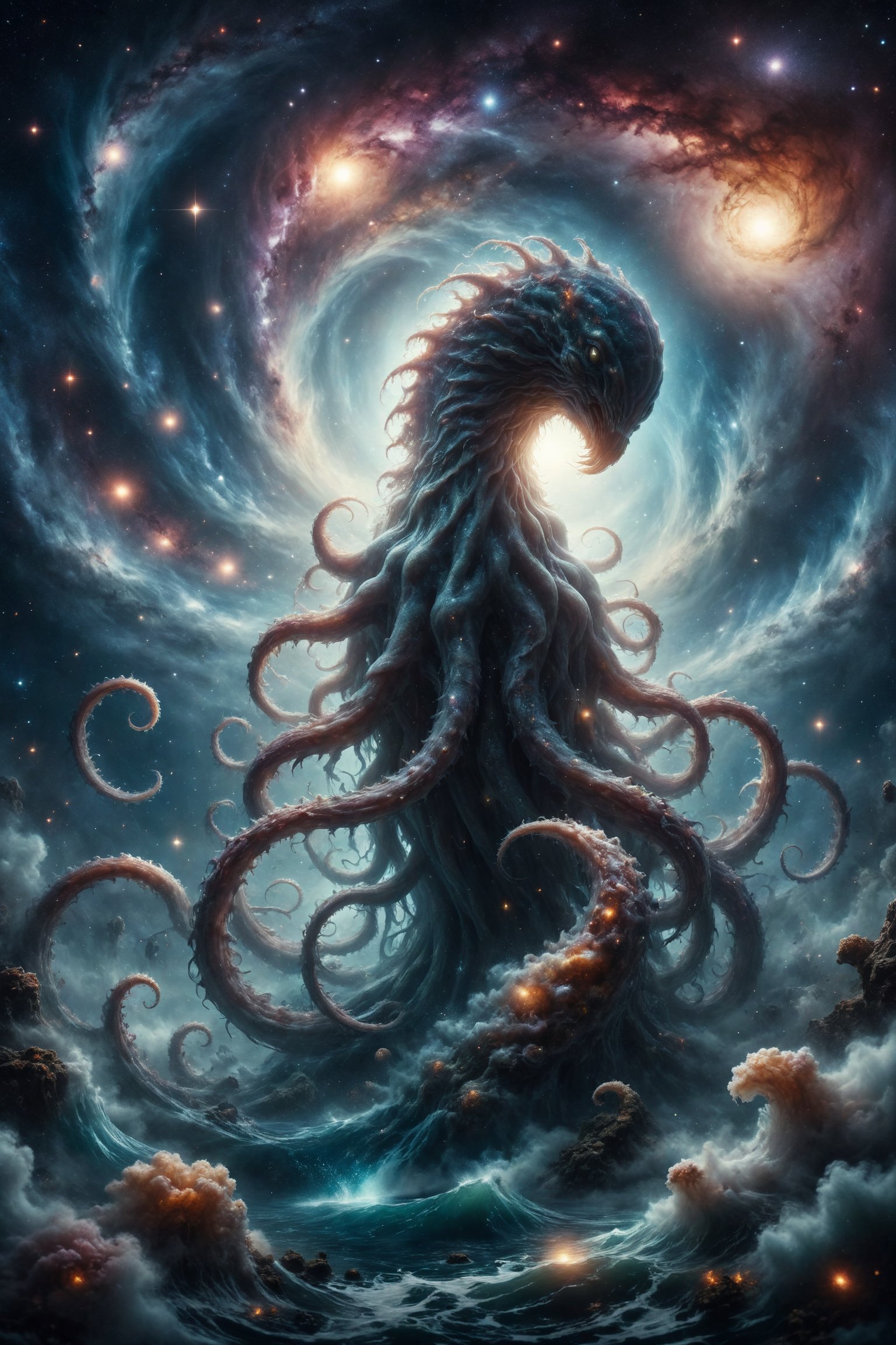 Generate an image of a giant sea creature with tentacles resembling spiral galaxies. Its body radiates celestial light,  a...