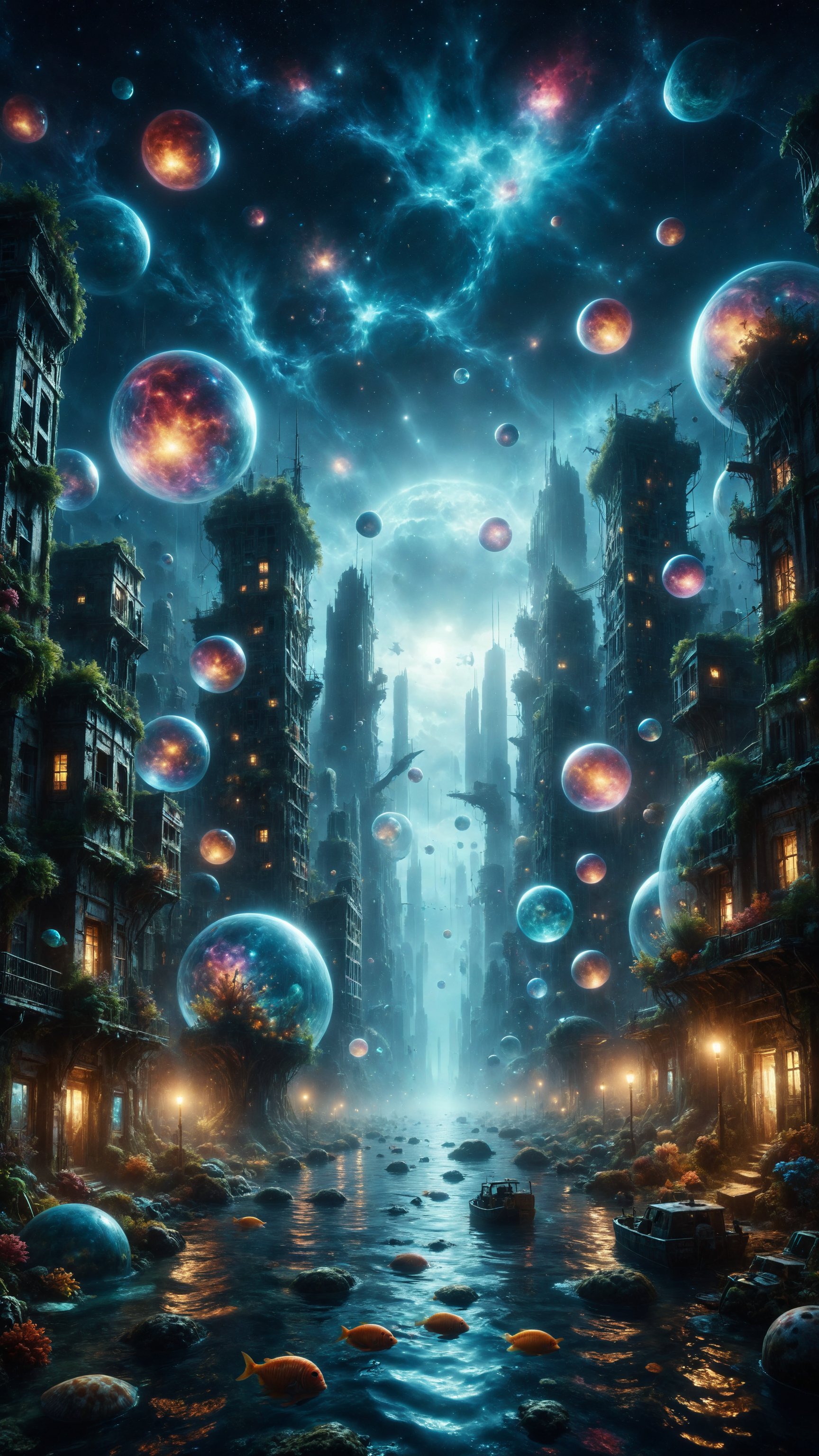 Generate an image of an underwater city built inside a cosmic bubble,  where the structures are made of translucent and lu...