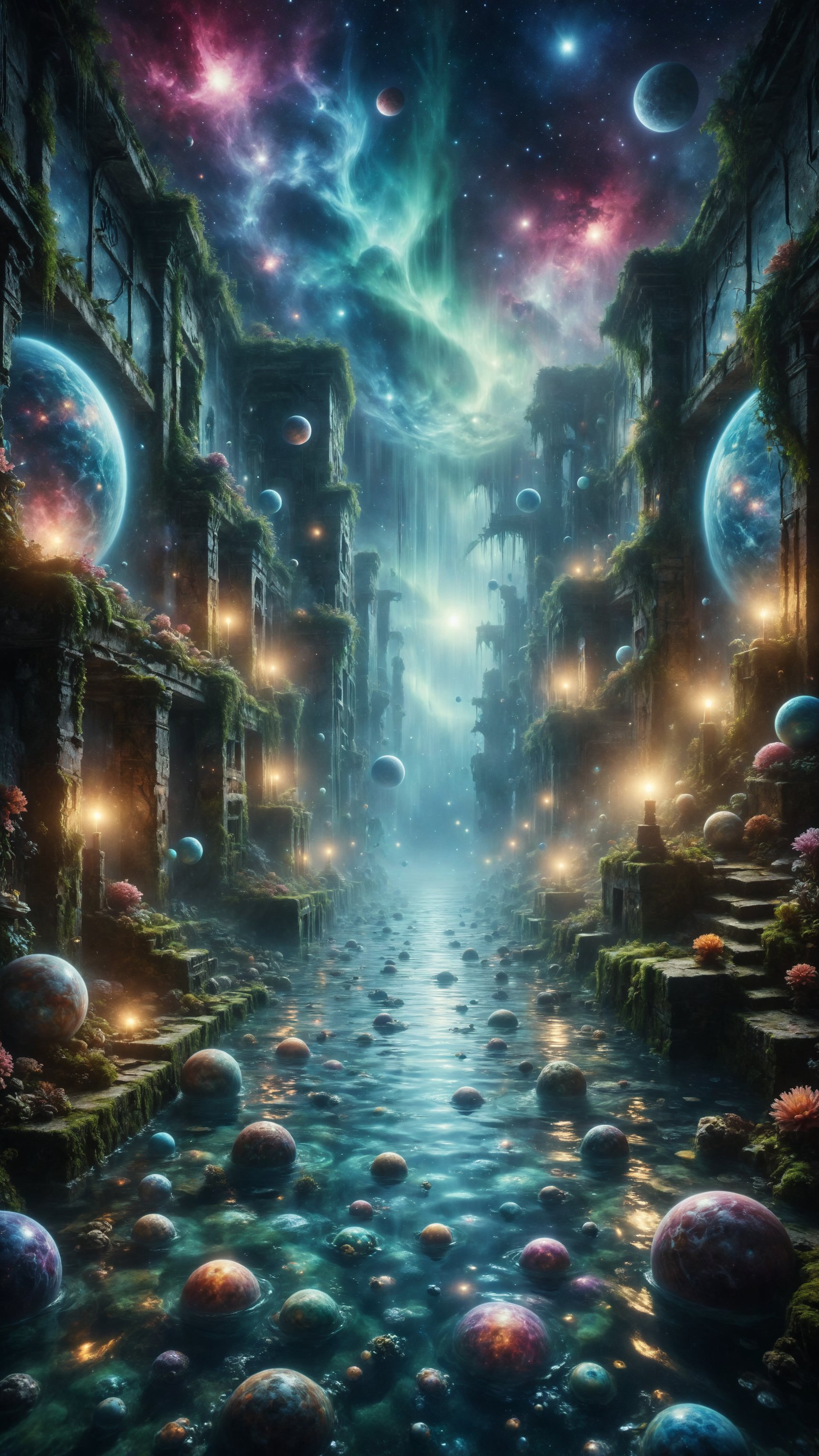 Generate an image of an underwater labyrinth where the walls are decorated with constellations and floating planets. The c...