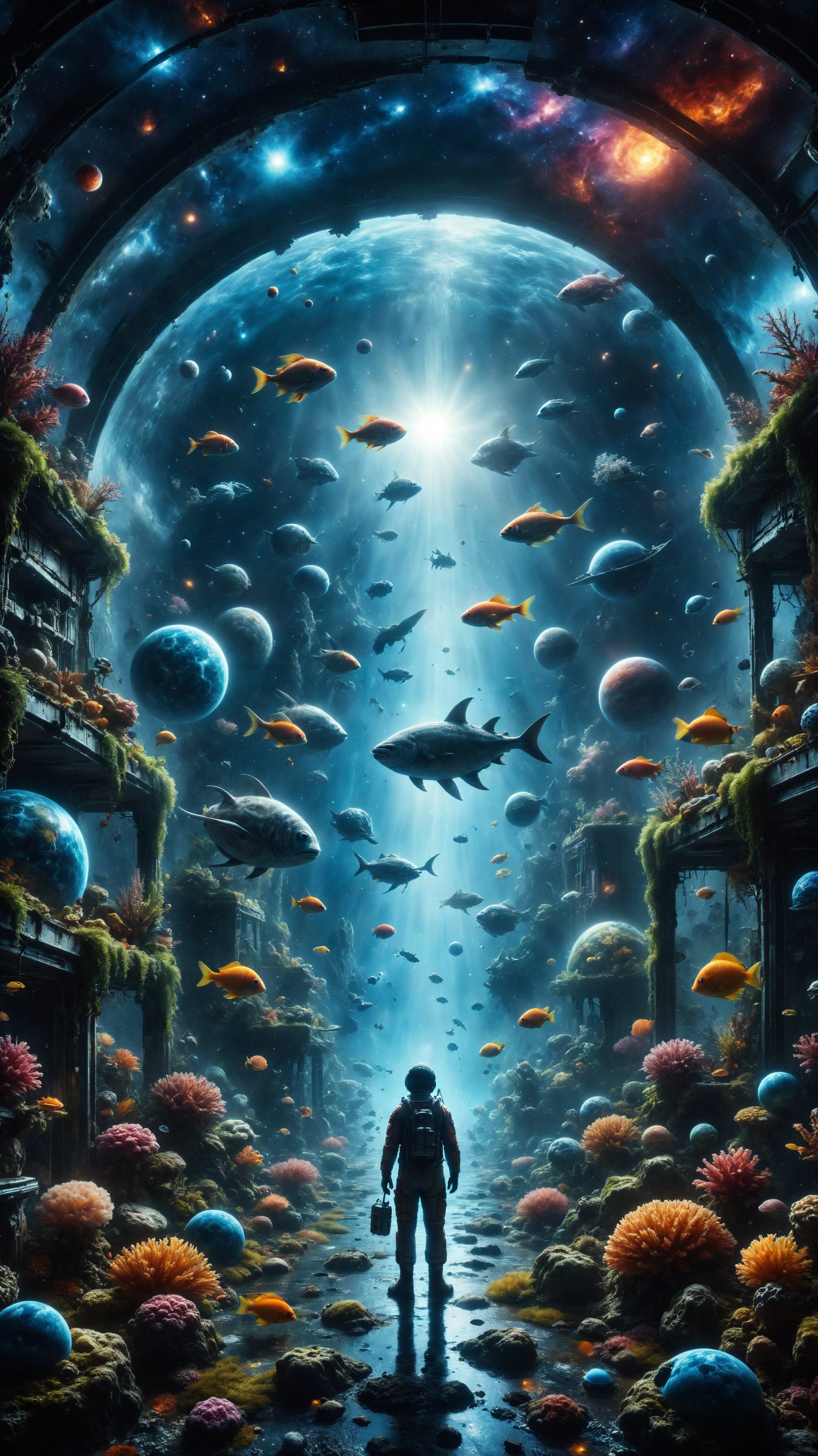 Generate an image of a giant aquarium in a spaceship,  where colorful fish swim among miniatures of planets and stars. Ast...
