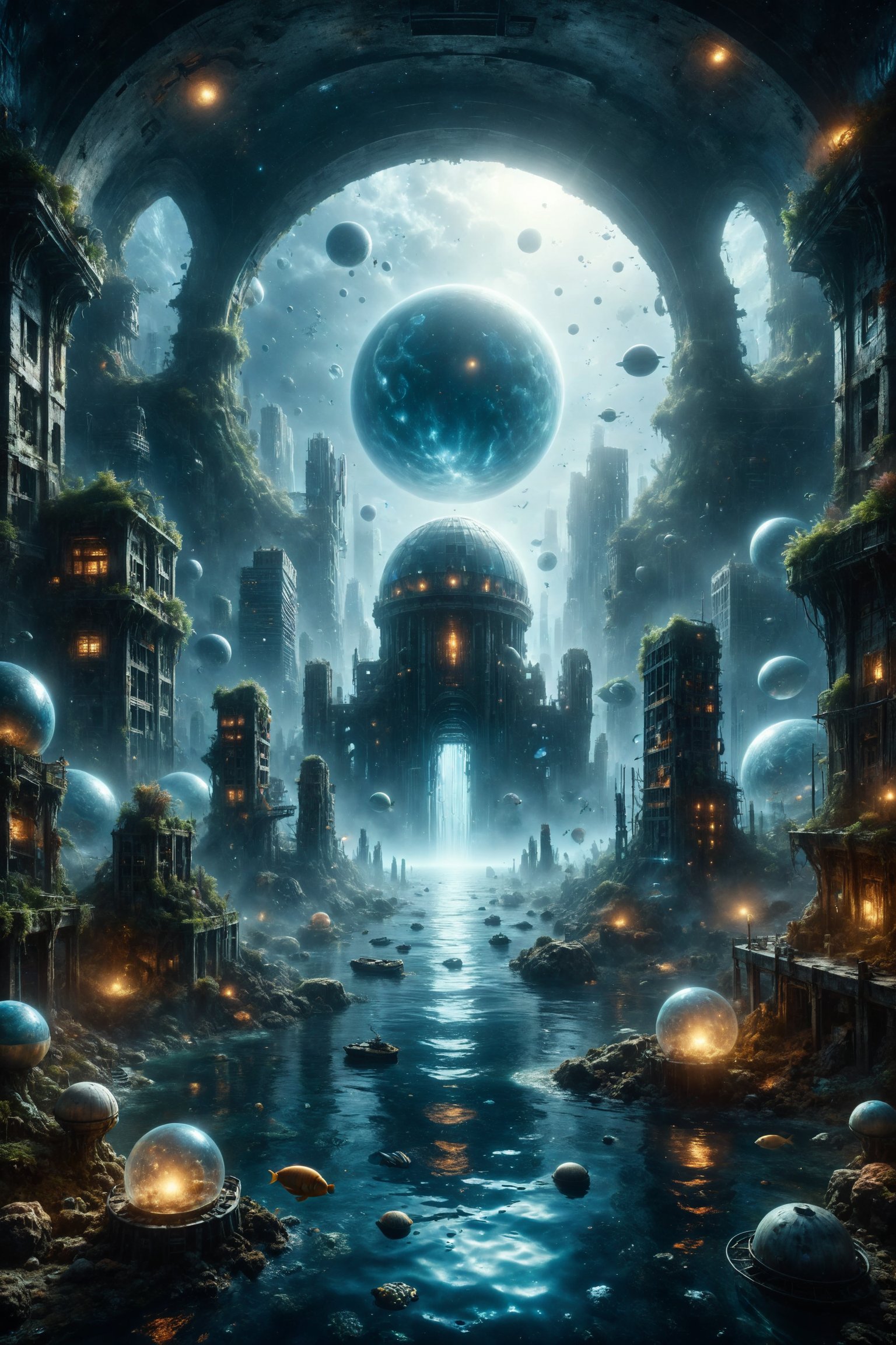 Generate an image of a futuristic underwater city with glass skyscrapers rising from the seabed to the water's surface. At...