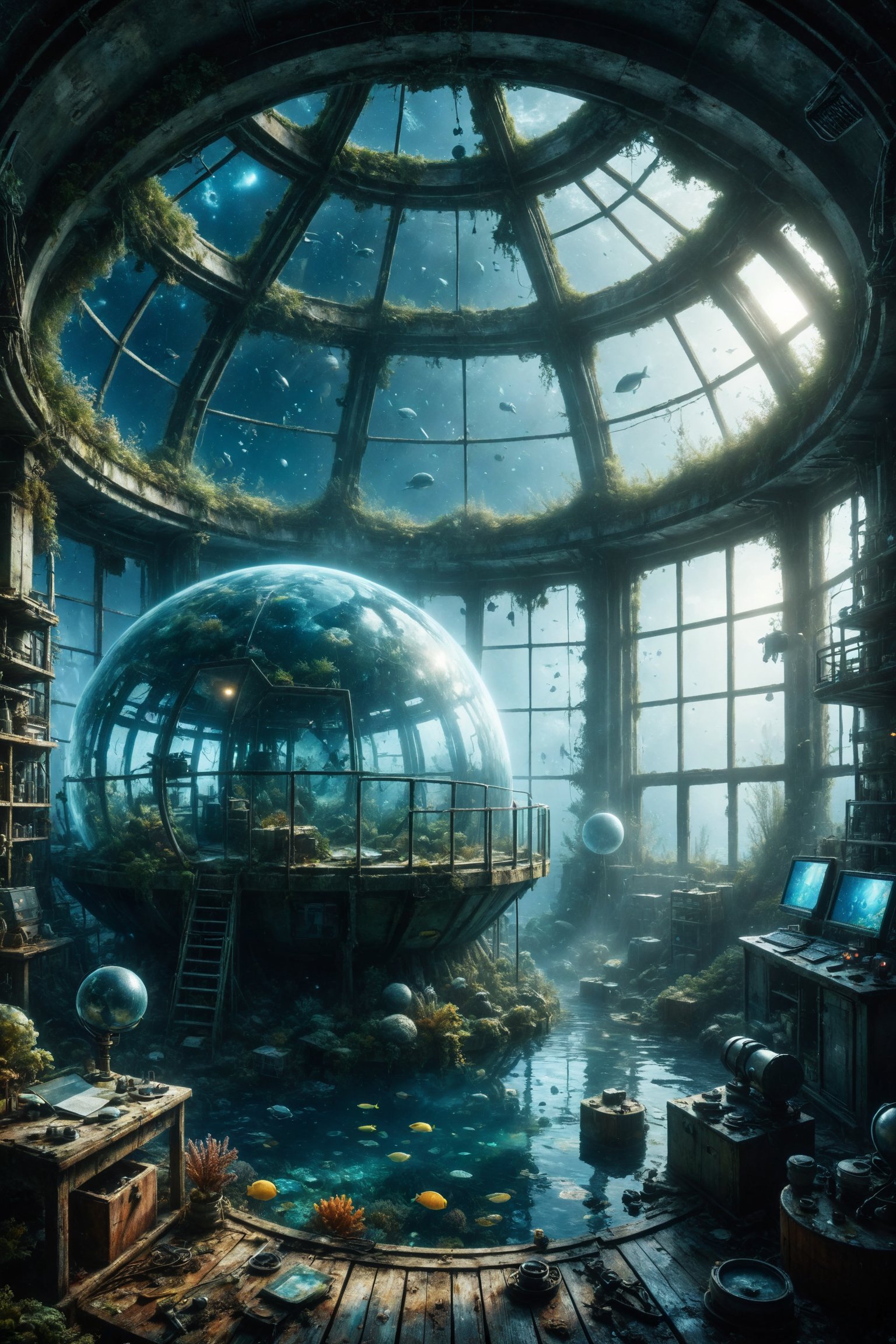 Create an illustration of an underwater mega observatory in the shape of a giant sphere,  with transparent windows allowin...
