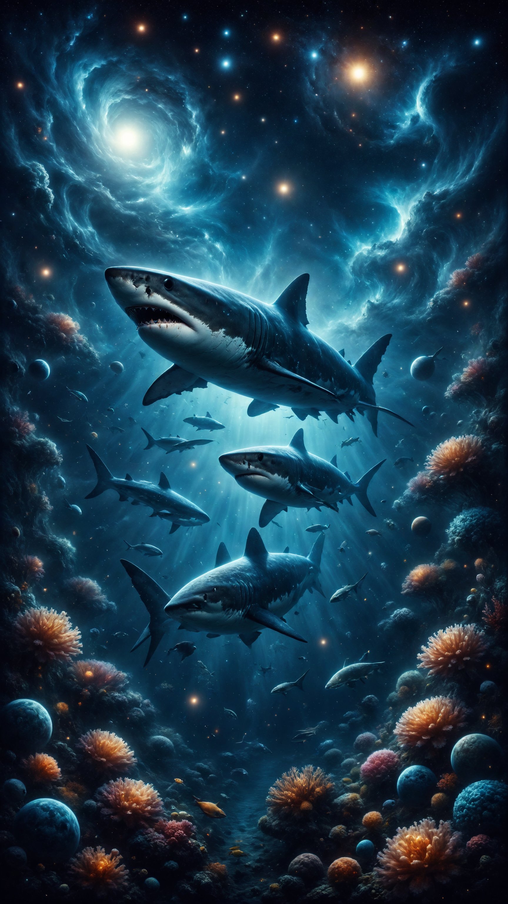 Create an illustration of a shark swimming under a water surface that reflects a starry sky with multiple galaxies. The sh...