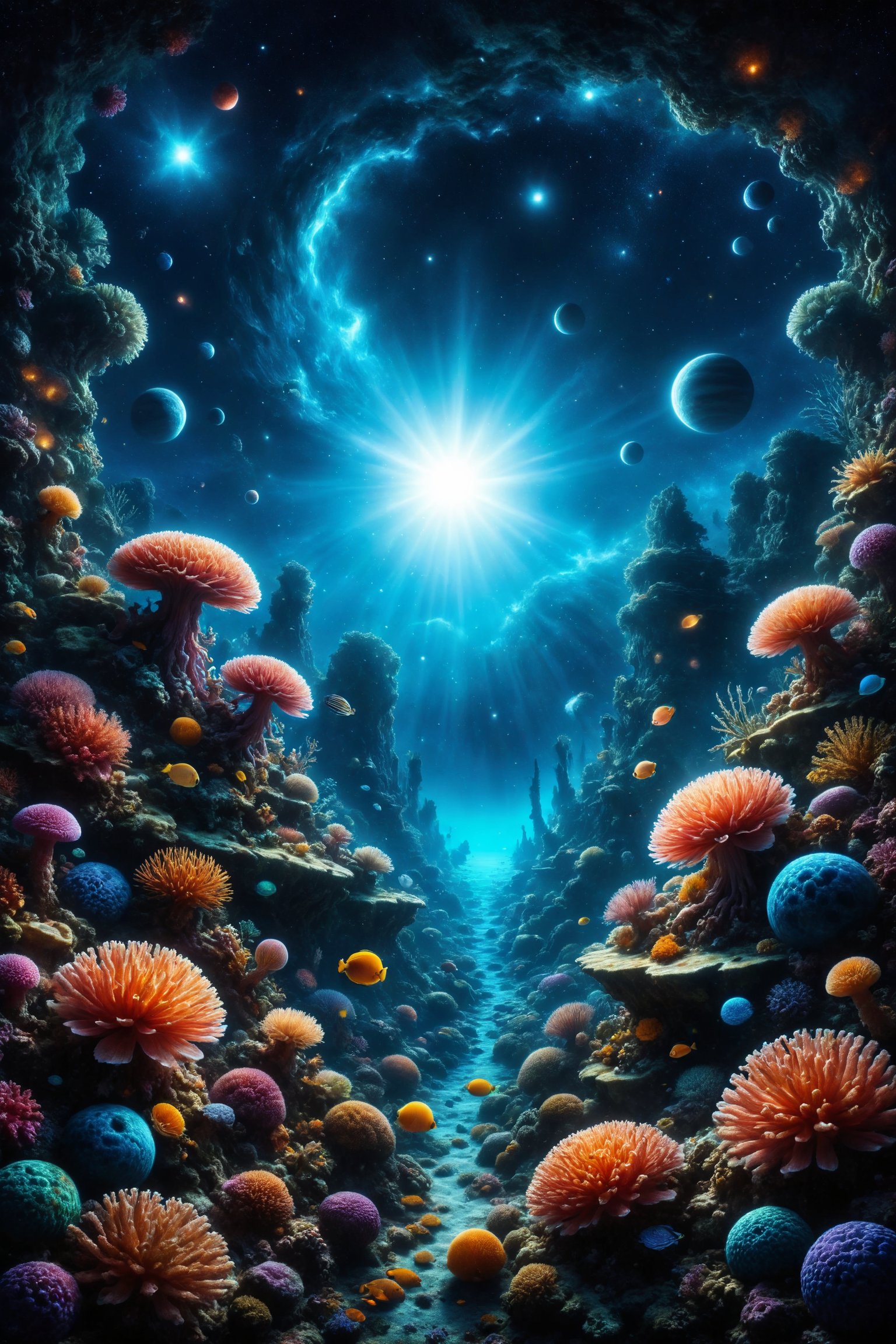 Create an illustration of a coral reef where anemones and corals are shaped like planets and moons. Fish and sea creatures...