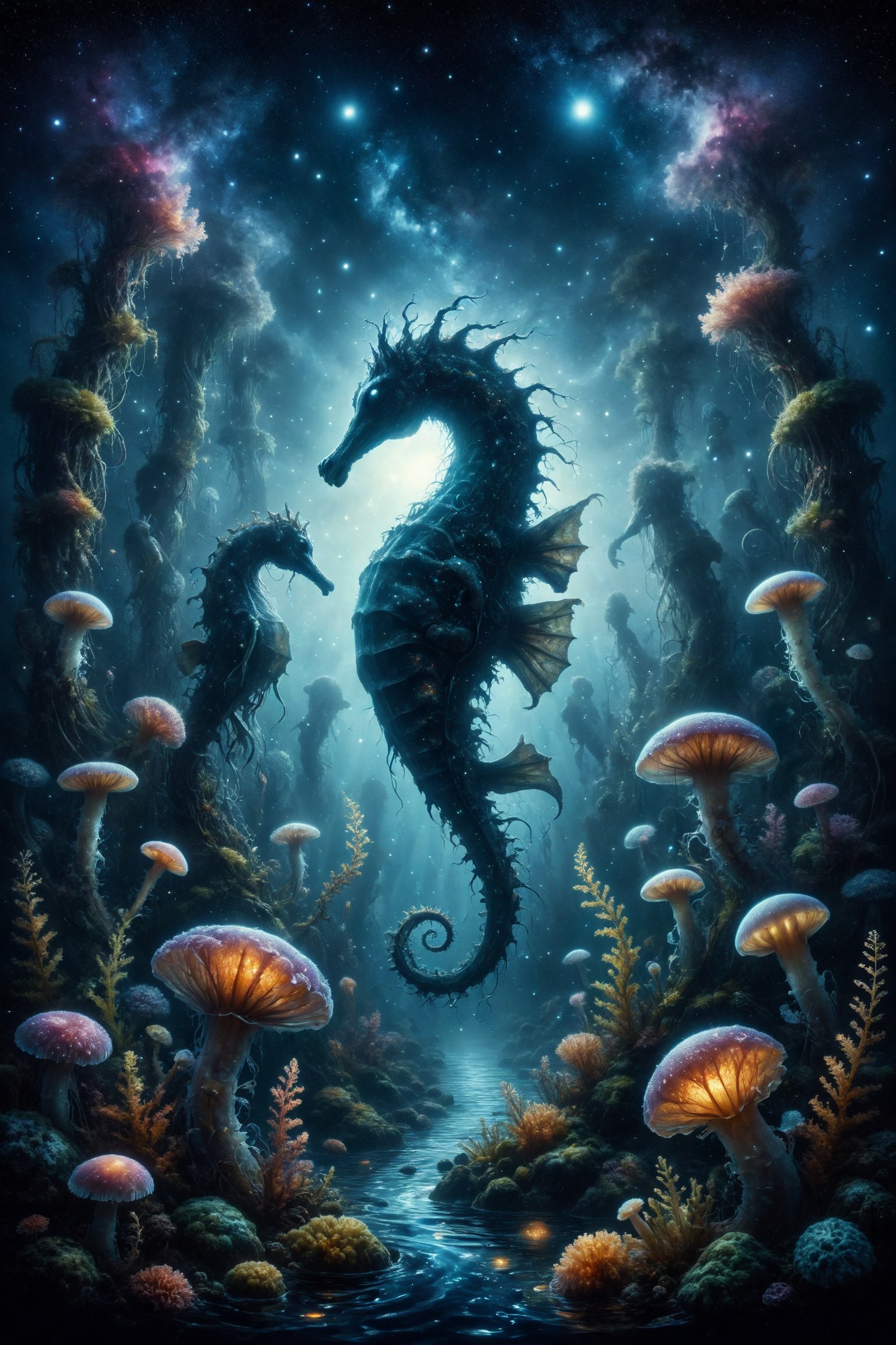 Create an illustration of a kelp forest at the bottom of the sea,  where each leaf and stem glows like the Milky Way. Seah...
