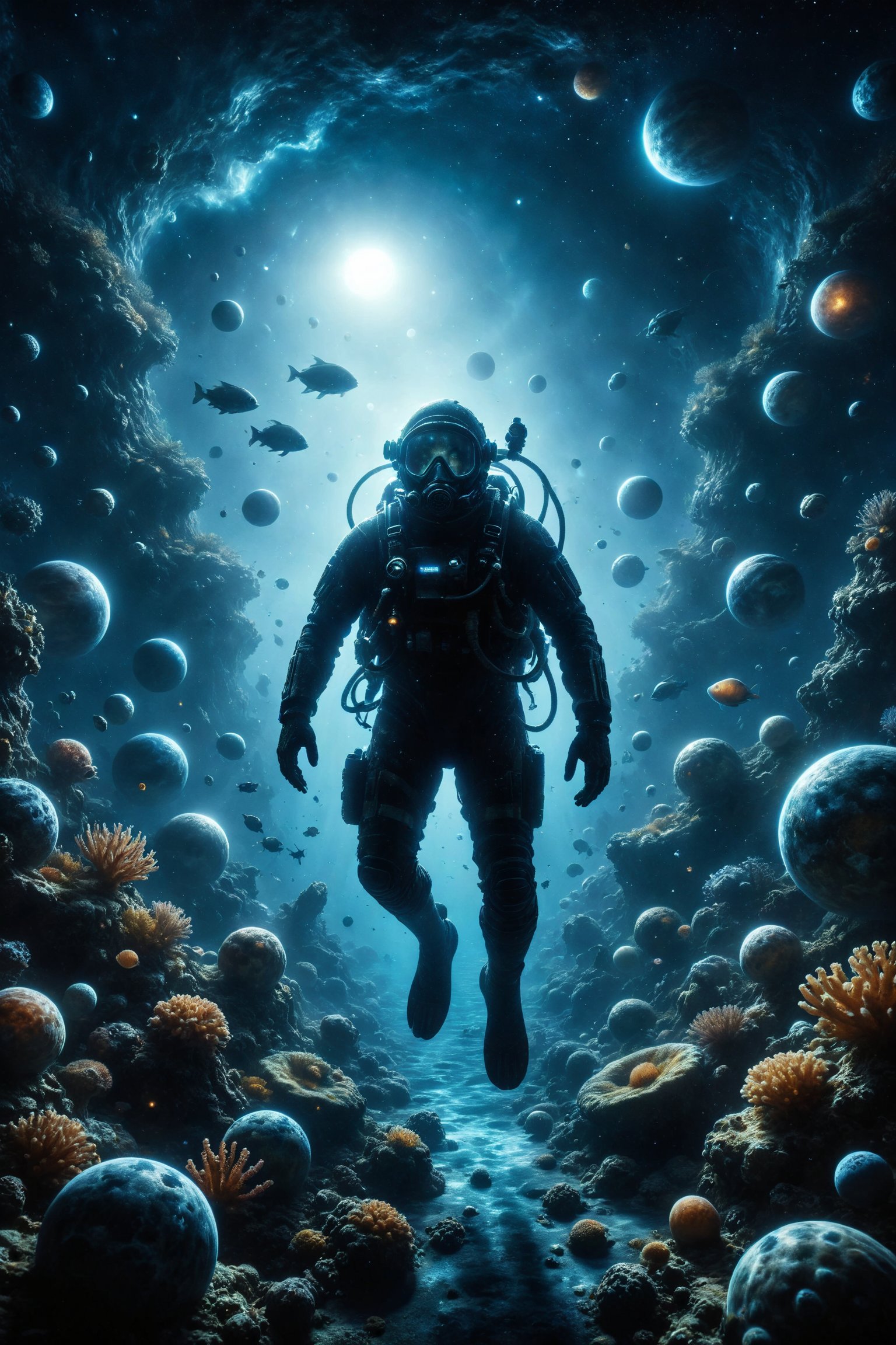 Generate an image of a diver exploring an oceanic abyss filled with floating planets and stars. Around the diver,  luminou...