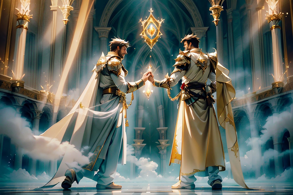 (handsome young man)(Exquisite face, full body.)(a fateful duel between two knights.)(royal arena)(Battle Scene) A majestic royal arena bathes in sunlight as two dashing knights face off in a fateful duel. light particles dance across the scene, casting an ethereal glow on the finely detailed armor and regal attire. Exquisite and splendid stone arena, white arena, carved beams, beautiful buildings, royal banners.
Voluminous clouds of misty fog swirl at their feet, adding depth to the composition. Nature's soft top lighting illuminates the knights' chiseled features, drawing the viewer's focus to the thrilling duel unfolding before them.