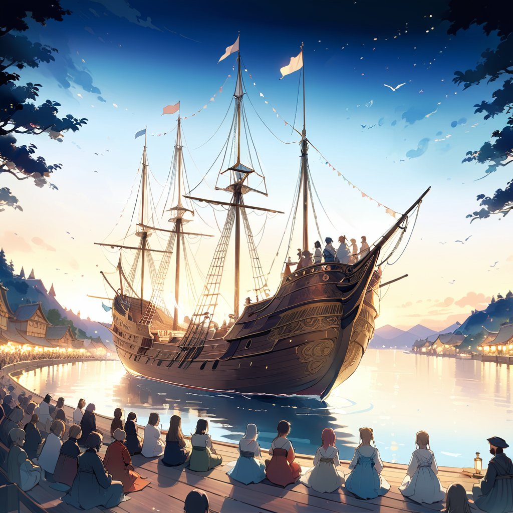 On a late 15th to early 16th-century style sailing ship, an impressive open-air music performance is taking place. A small audience is enjoying coffee while watching the show. The scene exudes dramatic tension, rendered in a cinematic style with an anime aesthetic.