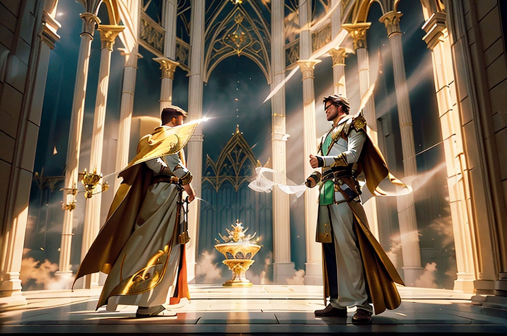 (handsome young man)(Exquisite face, full body.)(a fateful duel between two knights.)(royal arena)(Battle Scene) A majestic royal arena bathes in sunlight as two dashing knights face off in a fateful duel. light particles dance across the scene, casting an ethereal glow on the finely detailed armor and regal attire. Exquisite and splendid stone arena, white arena, carved beams, beautiful buildings, royal banners.
Voluminous clouds of misty fog swirl at their feet, adding depth to the composition. Nature's soft top lighting illuminates the knights' chiseled features, drawing the viewer's focus to the thrilling duel unfolding before them.