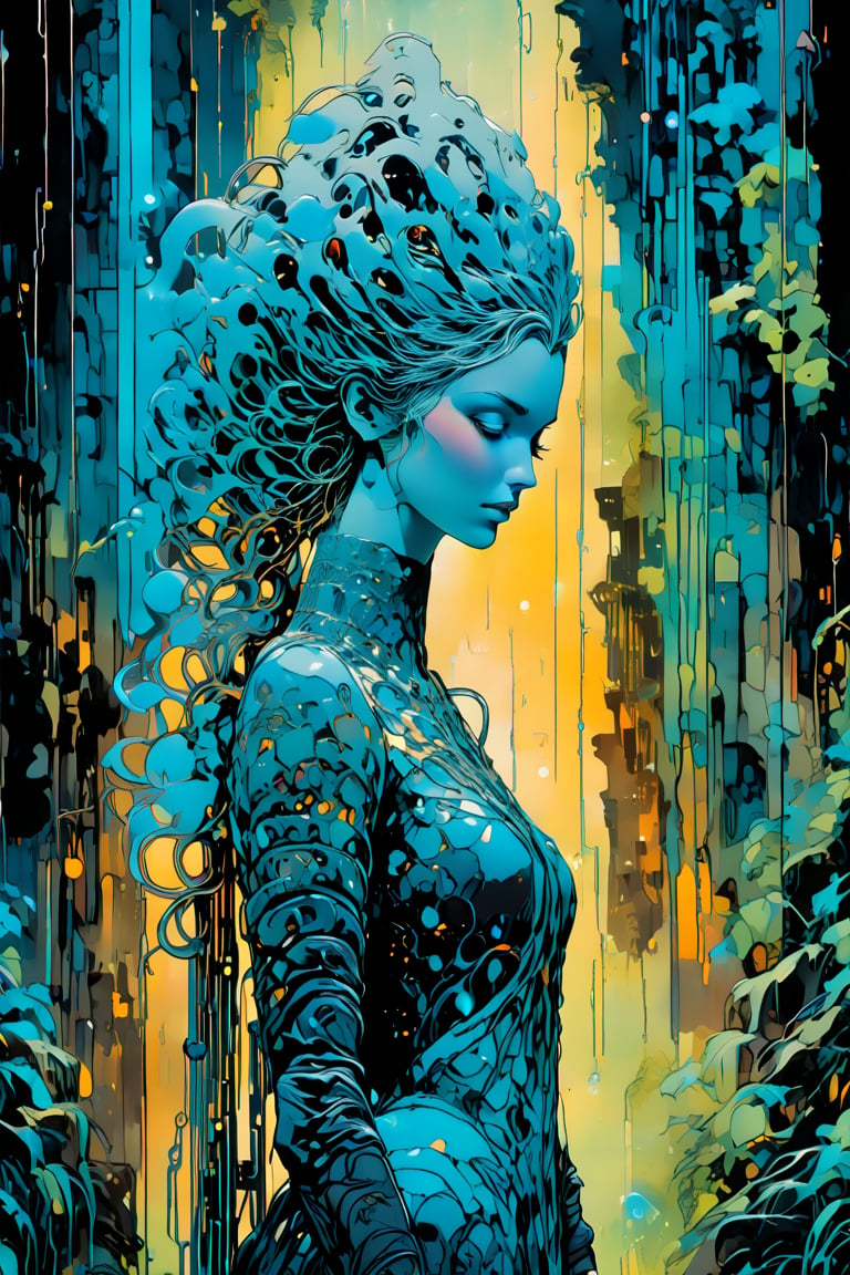 (head to thigh shot by Carne Griffiths, Conrad Roset), full body, facing the front. A woman with a crown and a dress on. Standing in front of a Ruins Sci-Fi City, futuristic style, black and golden thread braided hair, beautiful icy vivid eyes, standing, Complete limbs, face front. fantasy, aristocratic, android humanoid, 3D, soft bioluminescence glow surrounds her. delicate shader, Full HD render, immense detail, dramatic lighting, ultra-detailed realism, full body art, dramatic Light and Shadow, high-quality, digital painting, art station, concept art, smooth, sharp focus, concept art.