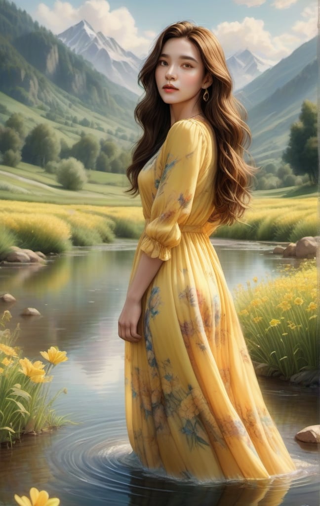 1girl, girl in yellow silky dress stands in water, has very long brown hair, fullbody, behind her there's a landscape with mountains, lush meadows, flowers and blue sky, watercolor painting vibes, sunny day