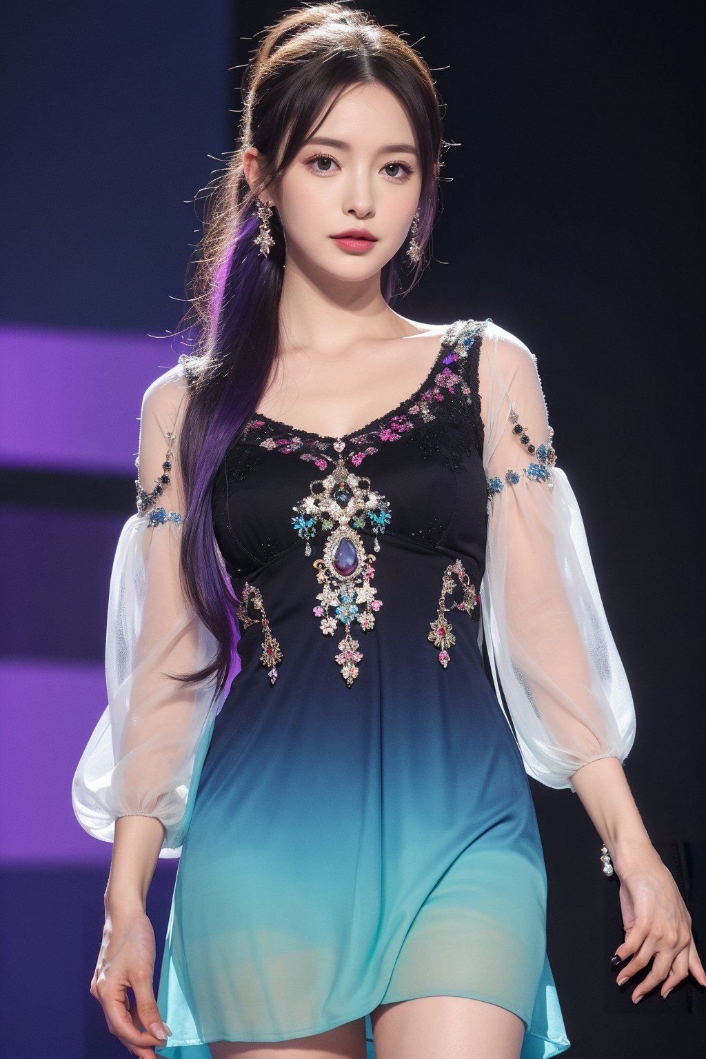 1girl, solo, looking at viewer, long hair, multicolored hair, purple hair, blue hair, blue eyes, ponytail, hair ornament, earrings, jewelry, multicolored clothes, see-through dress, blue dress, pink dress, see-through sleeves, flower, standing, (Han Hyo Joo:0.8), (Anne Hathaway:0.8),