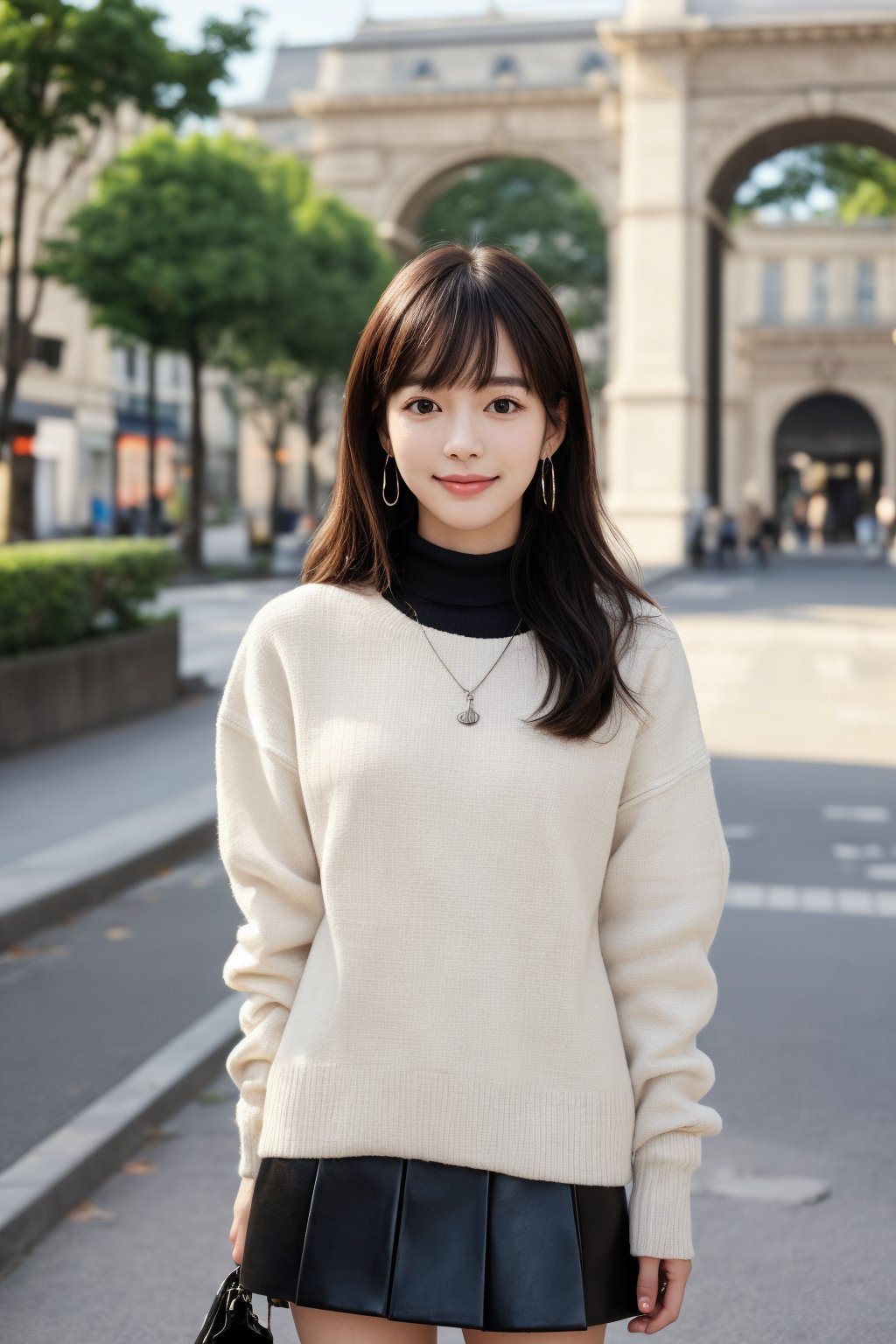 background is street,the Arc de Triomphe,triumphal arch,Paris, 18 yo, 1 girl, beautiful korean girl, wearing tight black sweater(turtle neck,simple),tight leather short skirt,black long boots,shoulder bag, smile, solo, {beautiful and detailed eyes}, dark eyes, calm expression, delicate facial features, ((model pose)), Glamor body type, (dark hair:1.2), simple tiny earrings, simple tiny necklace,very_long_hair, hair past hip, bangs, curly hair, flim grain, realhands, masterpiece, Best Quality, 16k, photorealistic, ultra-detailed, finely detailed, high resolution, perfect dynamic composition, beautiful detailed eyes, eye smile, ((nervous and embarrassed)), sharp-focus, full_body, cowboy_shot,
(Han Hyo Joo:0.8), (Anne Hathaway:0.8),wrenchmicroarch