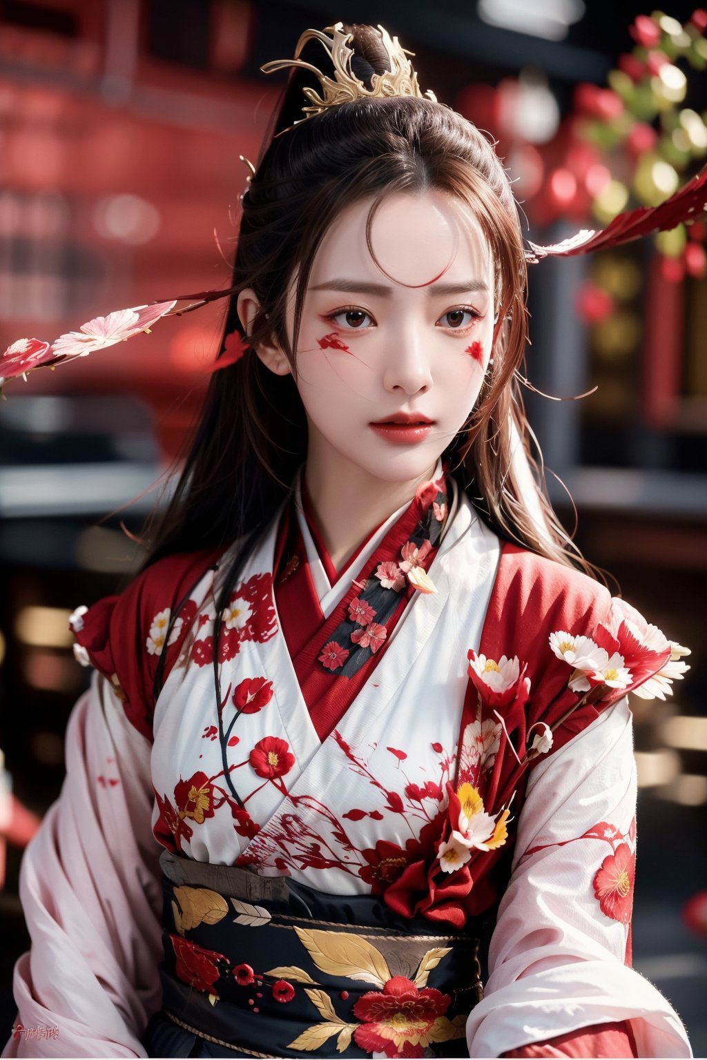 bicolor, ink splatter, samirai girl, sakura rose \(flower\), red blood, japan ink art, splash, intricate details, volumetric lighting, cinematic, detailed, realistic,Chinese hanfu,(Han Hyo Joo:0.8), (Anne Hathaway:0.8),