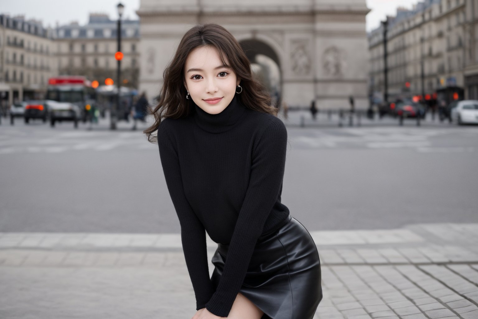 background is street,the Arc de Triomphe,triumphal arch,Paris, 18 yo, 1 girl, beautiful korean girl, wearing tight black sweater(turtle neck,simple),tight leather short skirt,black long boots,shoulder bag, smile, solo, {beautiful and detailed eyes}, dark eyes, calm expression, delicate facial features, ((model pose)), Glamor body type, (dark hair:1.2), simple tiny earrings, simple tiny necklace,very_long_hair, hair past hip, bangs, curly hair, flim grain, realhands, masterpiece, Best Quality, 16k, photorealistic, ultra-detailed, finely detailed, high resolution, perfect dynamic composition, beautiful detailed eyes, eye smile, ((nervous and embarrassed)), sharp-focus, full_body, cowboy_shot,
(Han Hyo Joo:0.8), (Anne Hathaway:0.8),