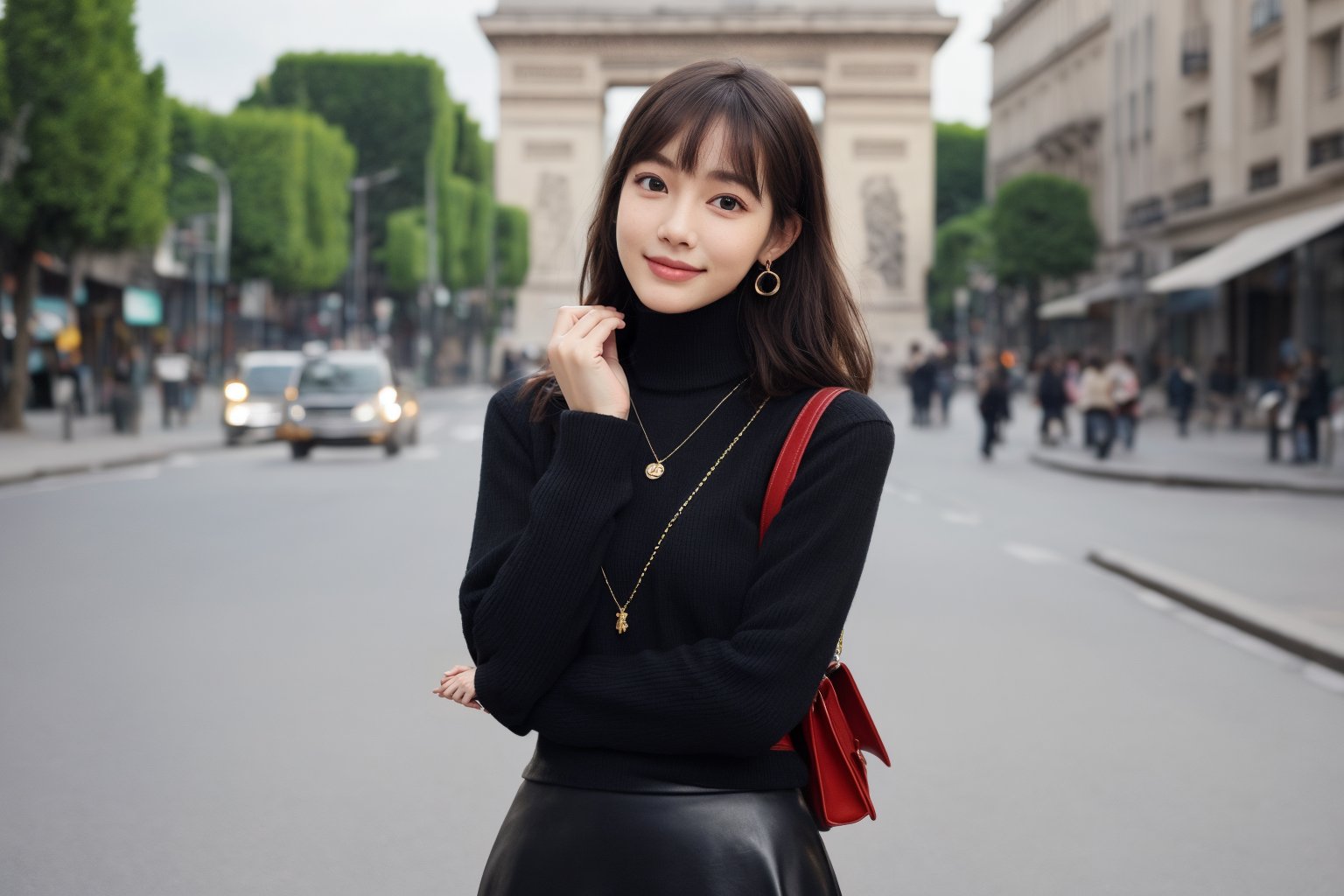 background is street,the Arc de Triomphe,triumphal arch,Paris, 18 yo, 1 girl, beautiful korean girl, wearing tight black sweater(turtle neck,simple),tight leather short skirt,black long boots,shoulder bag, smile, solo, {beautiful and detailed eyes}, dark eyes, calm expression, delicate facial features, ((model pose)), Glamor body type, (dark hair:1.2), simple tiny earrings, simple tiny necklace,very_long_hair, hair past hip, bangs, curly hair, flim grain, realhands, masterpiece, Best Quality, 16k, photorealistic, ultra-detailed, finely detailed, high resolution, perfect dynamic composition, beautiful detailed eyes, eye smile, ((nervous and embarrassed)), sharp-focus, full_body, cowboy_shot,
(Han Hyo Joo:0.8), (Anne Hathaway:0.8),