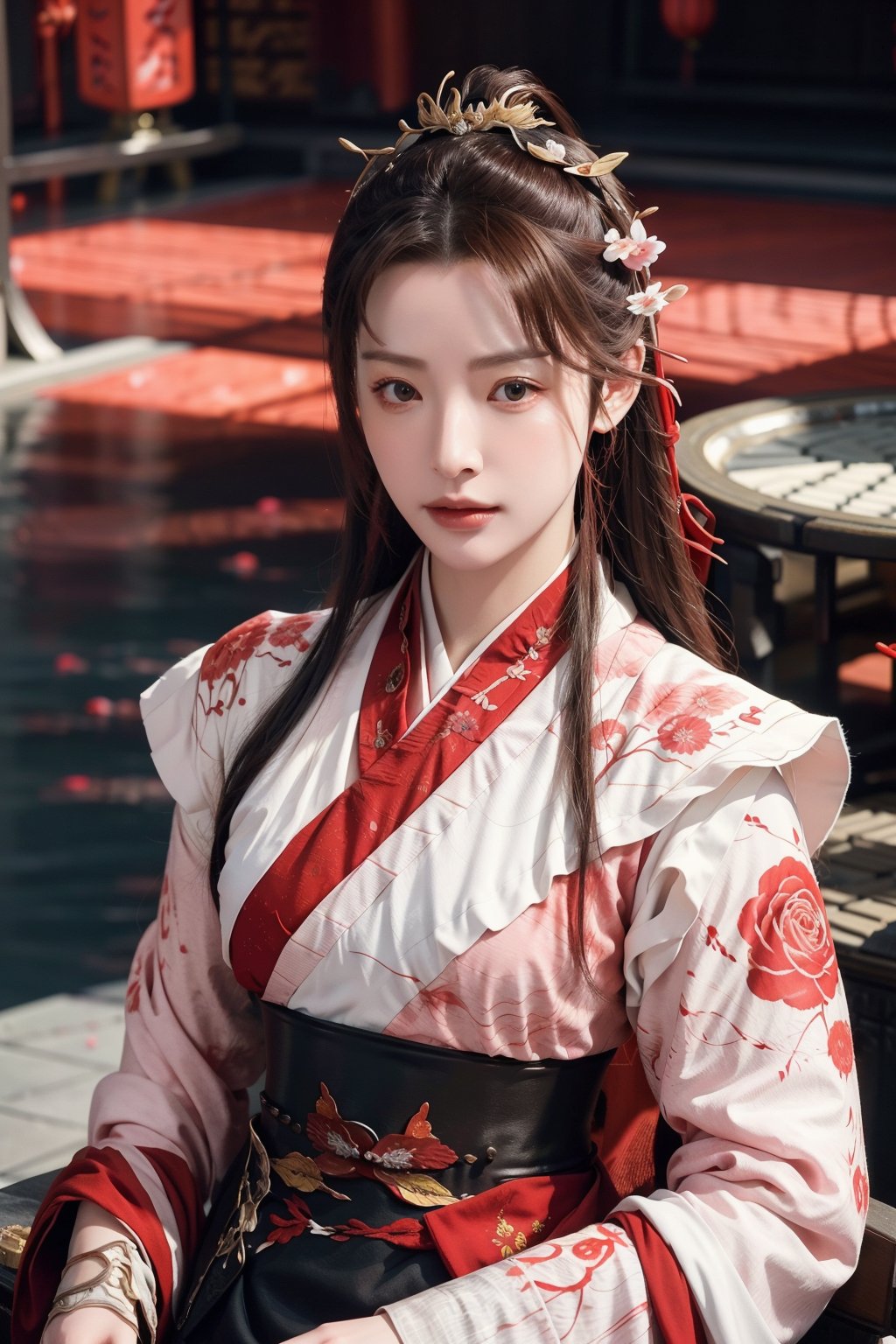 bicolor, ink splatter, samirai girl, sakura rose \(flower\), red blood, japan ink art, splash, intricate details, volumetric lighting, cinematic, detailed, realistic,Chinese hanfu,(Han Hyo Joo:0.8), (Anne Hathaway:0.8),