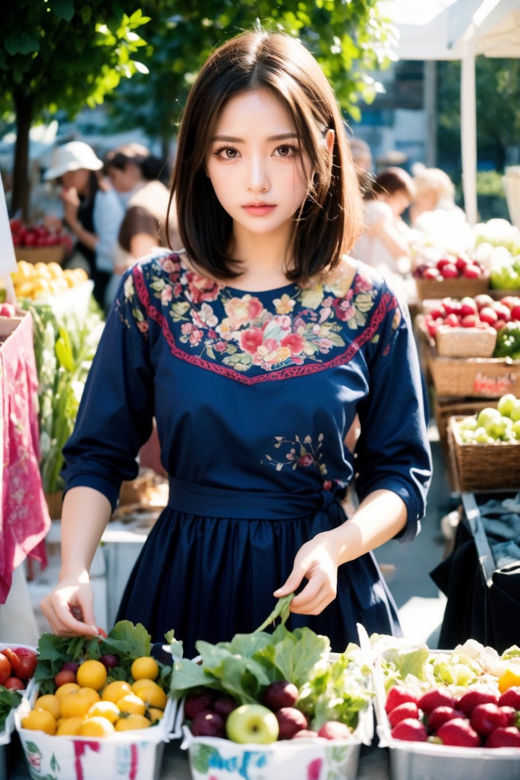 A medieval girl in traditional dress, vegetables and fruits, at a farmer's market, mysterious medieval, masterpiece,High detailed,watercolor,ukrainian dress