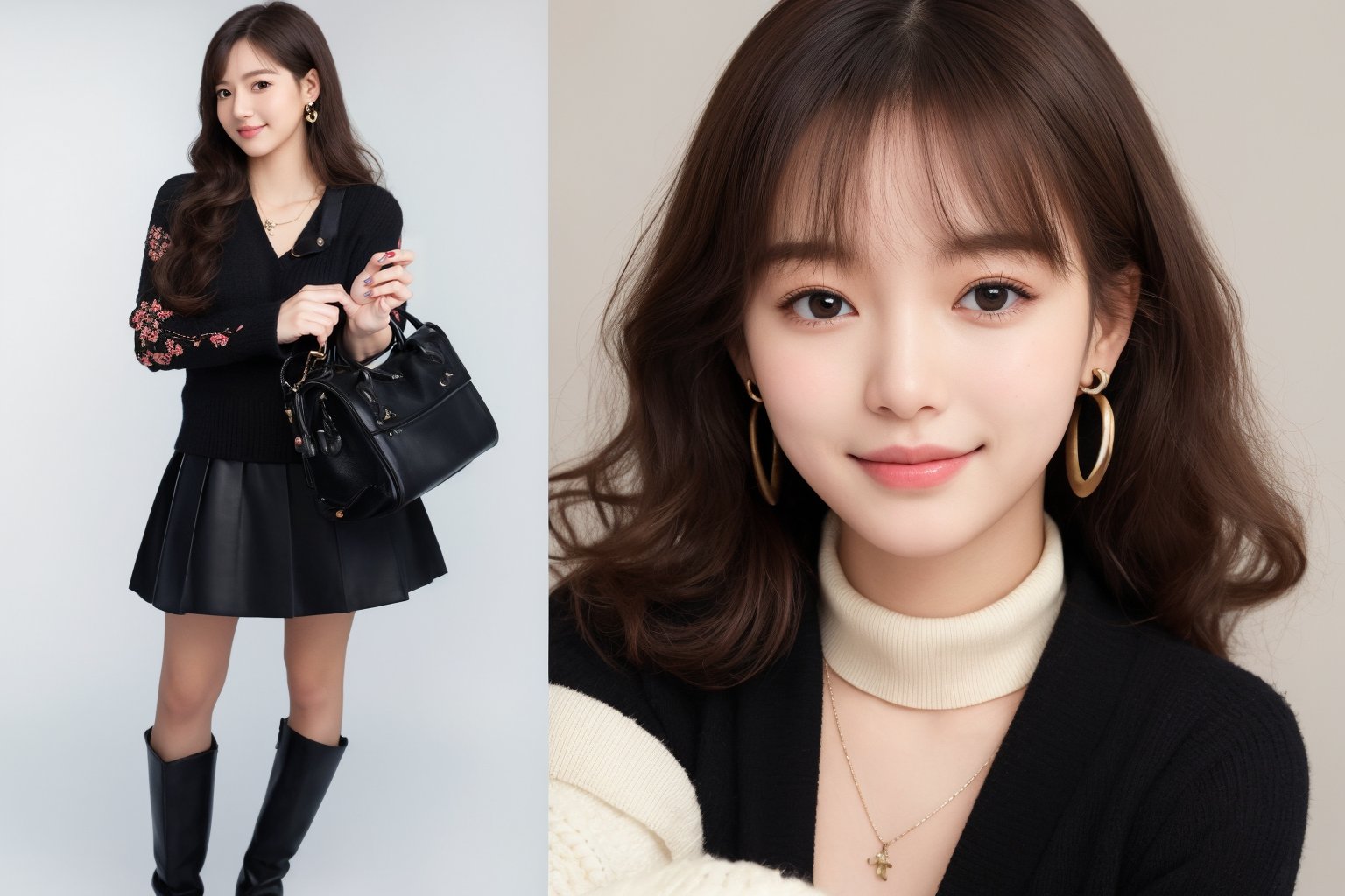 background is street,the Arc de Triomphe,triumphal arch,Paris, 18 yo, 1 girl, beautiful korean girl, wearing tight black sweater(turtle neck,simple),tight leather short skirt,black long boots,shoulder bag, smile, solo, {beautiful and detailed eyes}, dark eyes, calm expression, delicate facial features, ((model pose)), Glamor body type, (dark hair:1.2), simple tiny earrings, simple tiny necklace,very_long_hair, hair past hip, bangs, curly hair, flim grain, realhands, masterpiece, Best Quality, 16k, photorealistic, ultra-detailed, finely detailed, high resolution, perfect dynamic composition, beautiful detailed eyes, eye smile, ((nervous and embarrassed)), sharp-focus, full_body, cowboy_shot,
(Han Hyo Joo:0.8), (Anne Hathaway:0.8),