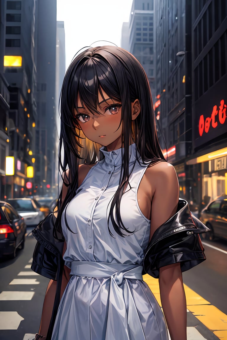  1girl, (very dark skin), upper body, city, masterpiece, best quality, highres