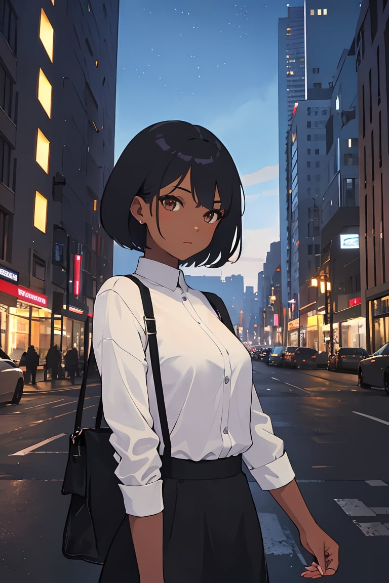  1girl, (very dark skin), upper body, city, masterpiece, best quality, highres