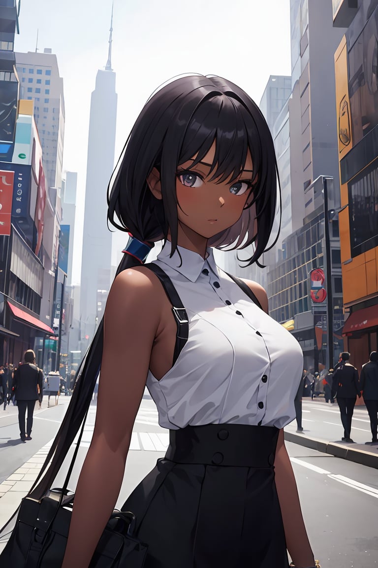  1girl, (very dark skin), upper body, city, masterpiece, best quality, highres,High detailed 