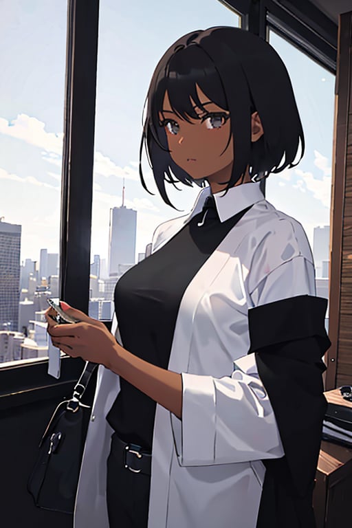  1girl, (very dark skin), upper body, city, masterpiece, best quality, highres