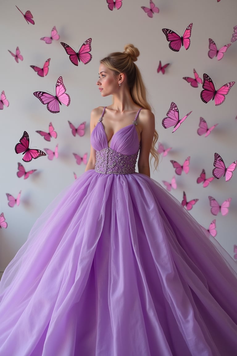 A woman is wearing a purple dress. There are many pink butterflies flying around the woman. The woman has long blonde hair that is in a bun. 