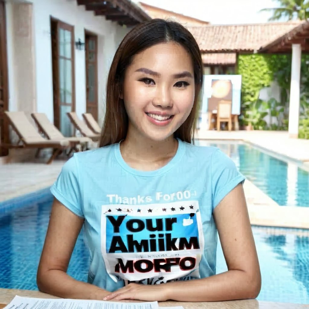 Realistic upper body photo of a young Asian woman holding a poster with text saying "Thanks for 100 likes", wearing casual shirt, sitting on dining table at the villa by the pool, (((photorealism:1.4))), happy smile, skinny face, best quality, photography quality, 8k,Extremely Realistic,more detail XL, text,