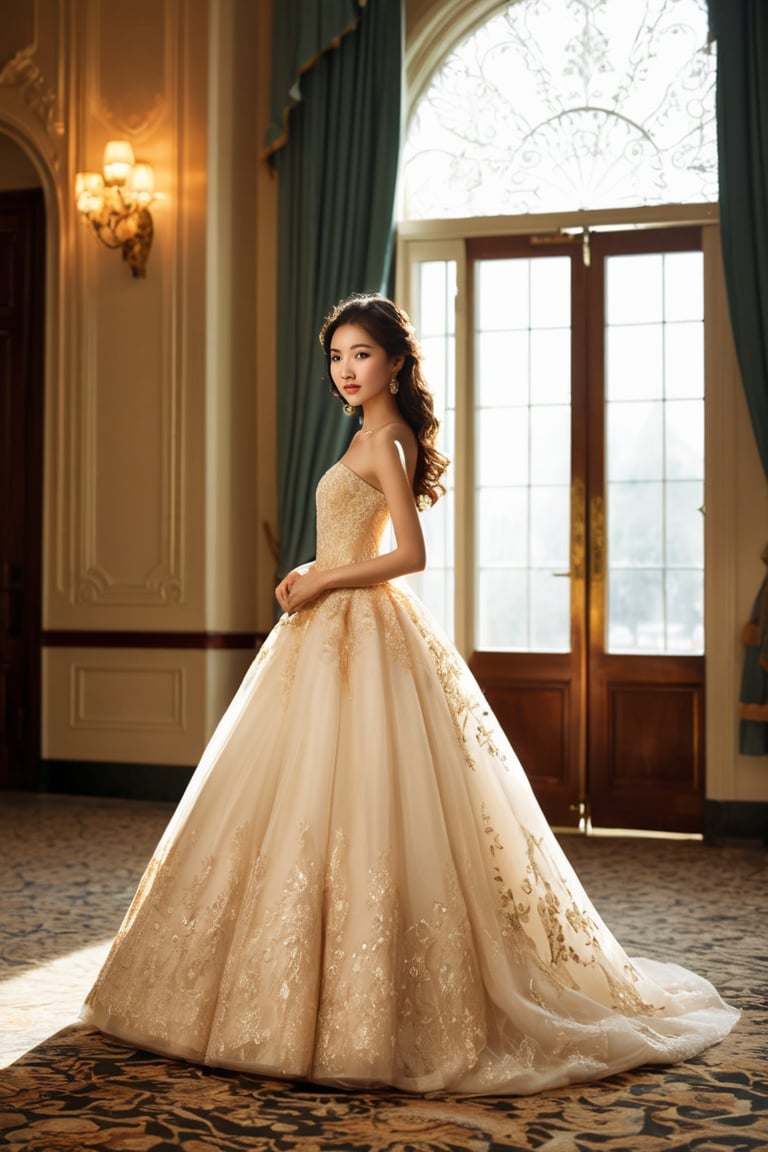 Mid-shot of an exquisite, slender, 18-year-old Asian woman standing before a grand hotel ballroom, her figure illuminated by soft, warm lighting. She wears a lavish, intricate ball gown that hugs her petite frame, its delicate details shimmering in the gentle glow. The open door frames her elegant pose, inviting the viewer into the private space. Realistic photography captures every nuance of this stunning young woman's beauty.