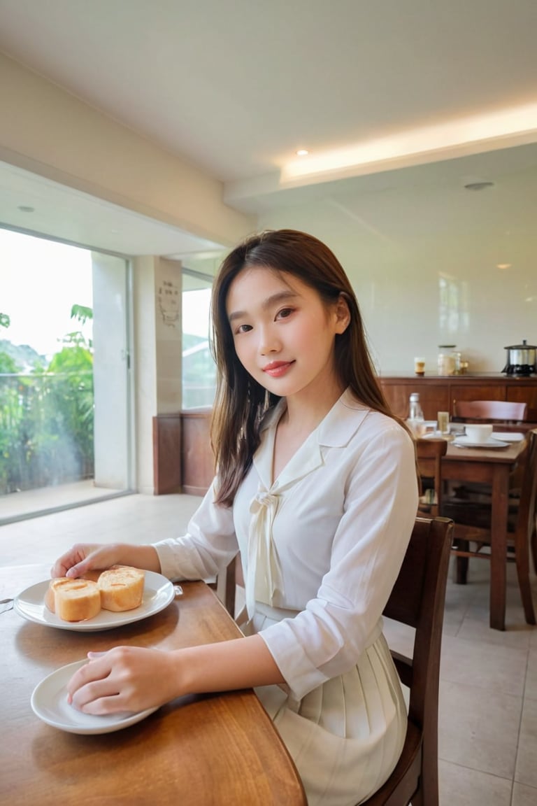 Panoramic shot of a slender Asian girl, her porcelain skin glowing beneath a white school blouse and pleated skirt. She sits at the dining table in a cozy living room, surrounded by warm morning light streaming through floor-to-ceiling windows. Her hands rest gently by her sides, fingers intertwined, as she takes breakfast beside a plate of steaming rice and a worn school bag. Long, straight brown hair falls down her back like a waterfall. The camera captures every detail, from the delicate curve of her ear to the fine lines on her pale cheeks. Sign with text Hand holding a sign with text "Thanks for 50 likes"