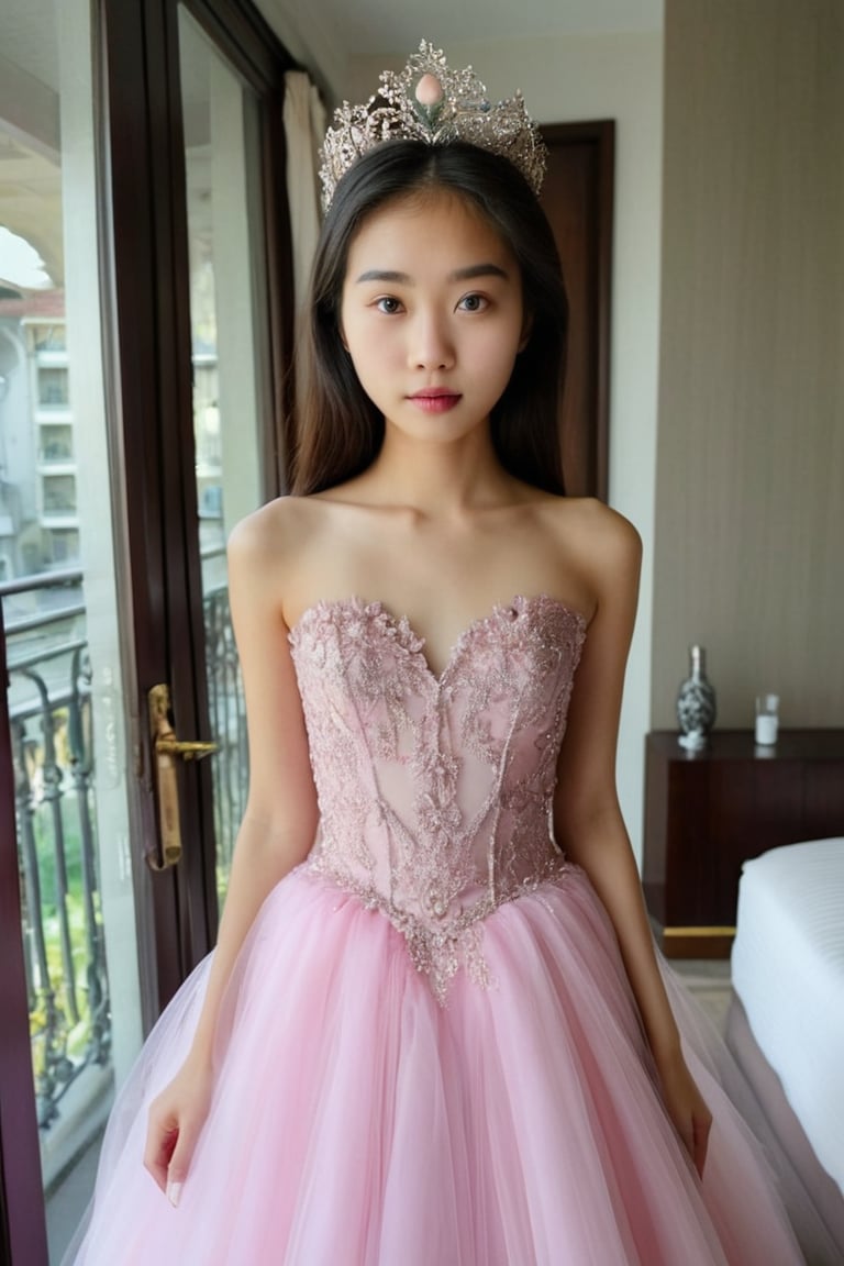 Mid shot of beautiful skinny waif-like 18-year-old Asian girl wearing a detailed long ball gown in the open door bedroom in the hotel, front view, photography quality, realistic