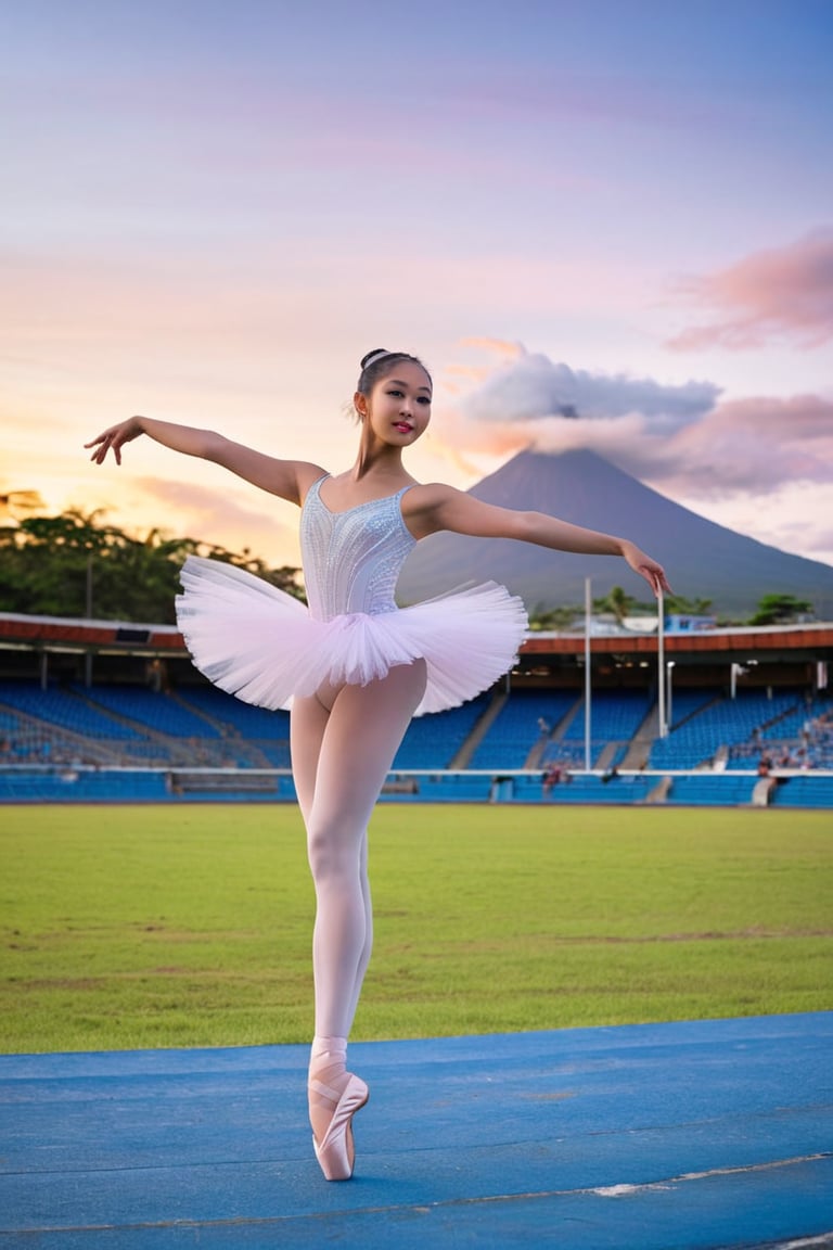 An Asian ballerina dancer stands center stage in a gleaming white tutu and pink pointe shoes, her arms outstretched as she twirls to the music. The Mayon Volcano rises majestically in the distant background, its iron latticework glistening in the fading light of day. The stadium's bright blue seats stretch out before her, empty and expectant.