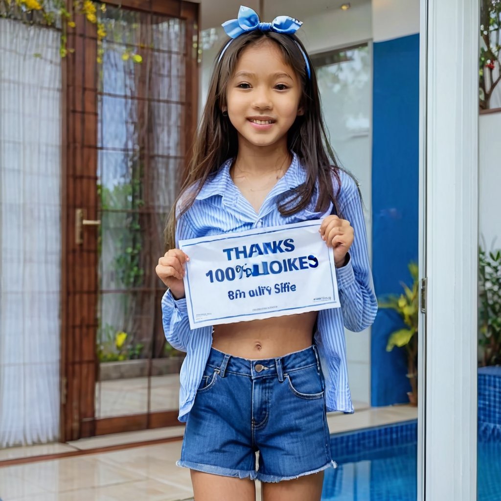 Realistic full body photo of a young skinny Asian pretty tween holding a poster with text saying "Thanks for 100 likes", wearing casual shirt and jeans, hair ribbon, with long straight hair sitting on open door in bedroom of villa by the pool, show armpits, (((photorealism:1.4))), small smile, hair clip, skinny face, best quality, photography quality, 8k, 