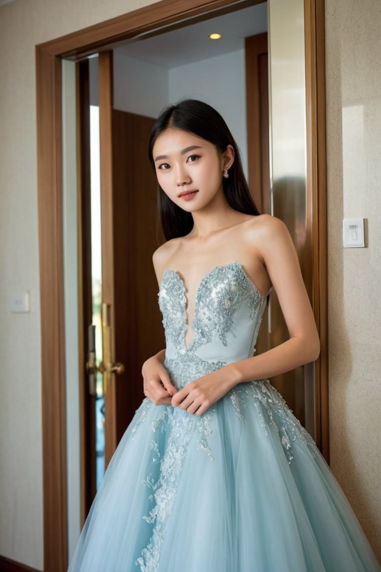 Mid shot of beautiful skinny waif-like 18-year-old Asian girl wearing a detailed long ball gown in the open door bedroom in the hotel, front view, photography quality, realistic