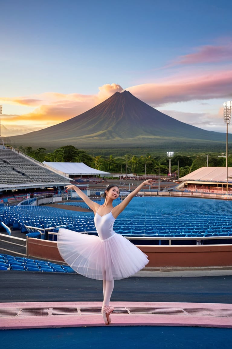 An Asian ballerina dancer stands center stage in a gleaming white tutu and pink pointe shoes, her arms outstretched as she twirls to the music. The Mayon Volcano rises majestically in the distant background, its iron latticework glistening in the fading light of day. The stadium's bright blue seats stretch out before her, empty and expectant.