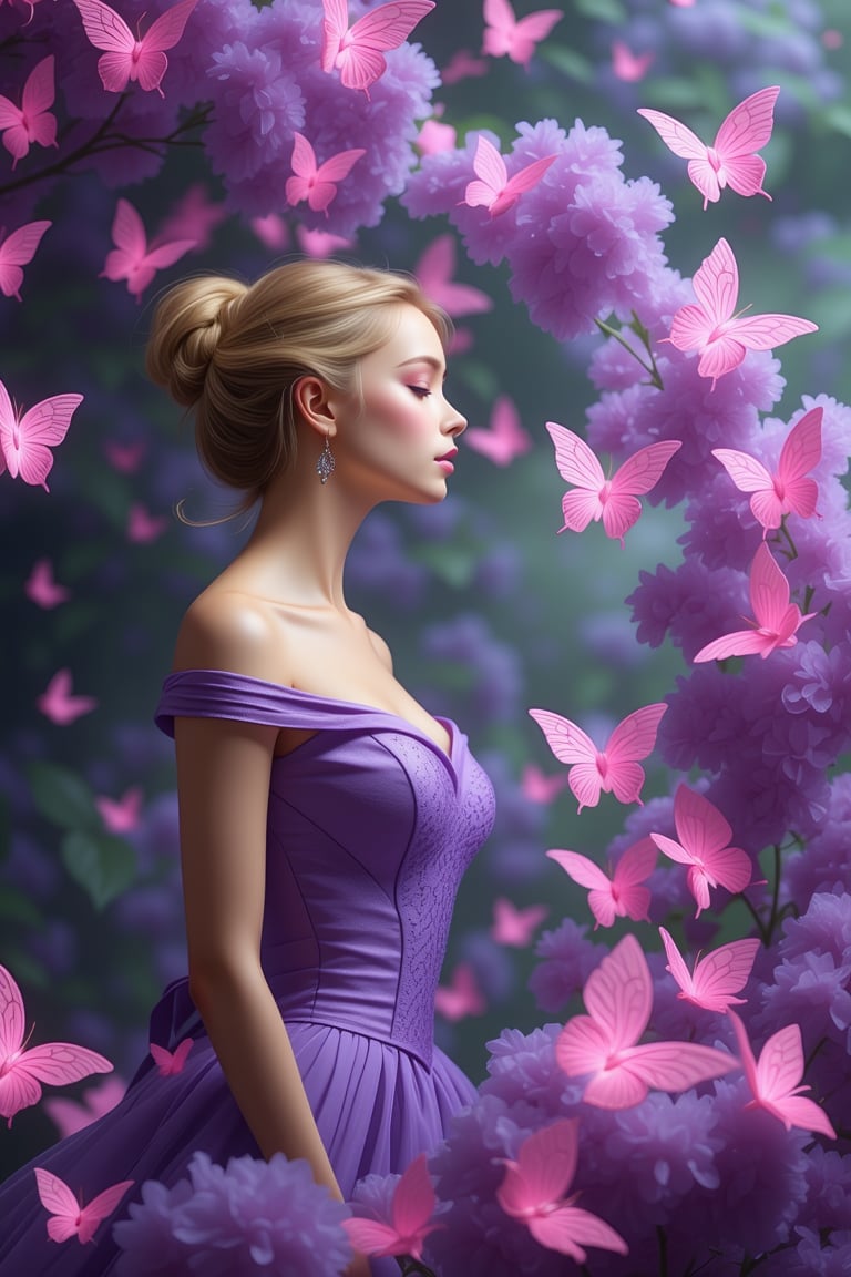 A woman is wearing a purple dress. There are many pink butterflies flying around the woman. The woman has long blonde hair that is in a bun. 