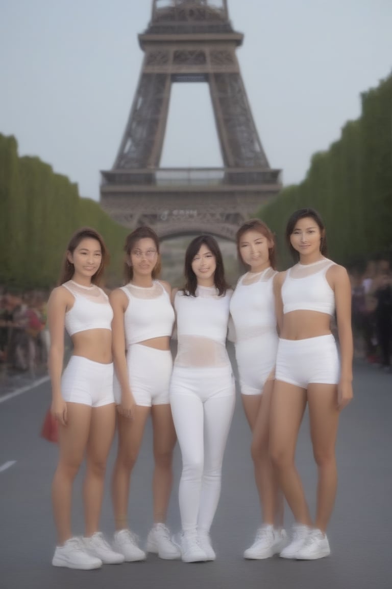 A kaleidoscope of vibrant colors and athletic elegance fills the iconic Champs-Élysées as numerous pretty sportsgirls from around the world attend the Opening Ceremony of the 2024 Paris Olympics. Amidst the Eiffel Tower's majestic backdrop, a sea of flags waves in unison, showcasing unity among nations. Multinational athletes beam with excitement and pride, their faces illuminated by the soft golden glow of setting sun. MikieHara's masterpiece captures the essence of international camaraderie, as sportsgirls clad in gleaming white attire pose confidently against a backdrop of twinkling lights and grandeur.