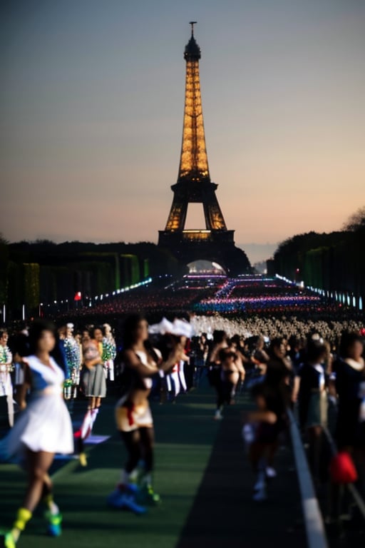 A kaleidoscope of vibrant colors and athletic elegance fills the iconic Champs-Élysées as numerous pretty sportsgirls from around the world attend the Opening Ceremony of the 2024 Paris Olympics. Amidst the Eiffel Tower's majestic backdrop, a sea of flags waves in unison, showcasing unity among nations. Multinational athletes beam with excitement and pride, their faces illuminated by the soft golden glow of setting sun. MikieHara's masterpiece captures the essence of international camaraderie, as sportsgirls clad in gleaming white attire pose confidently against a backdrop of twinkling lights and grandeur.