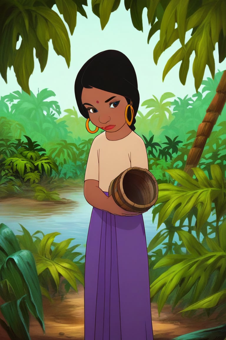 score_9, score_8_up, score_7_up, score_6_up, score_5_up, source_cartoon, absurdres, high quality, best quality, masterpiece, Shanti, black hair, braided ponytail, brown eyes, red bendi, gold hoop earrings, beige shirt, long purple skirt, barefoot, dark skin tone, full body, jungle, trees, leaf, grass, river, water