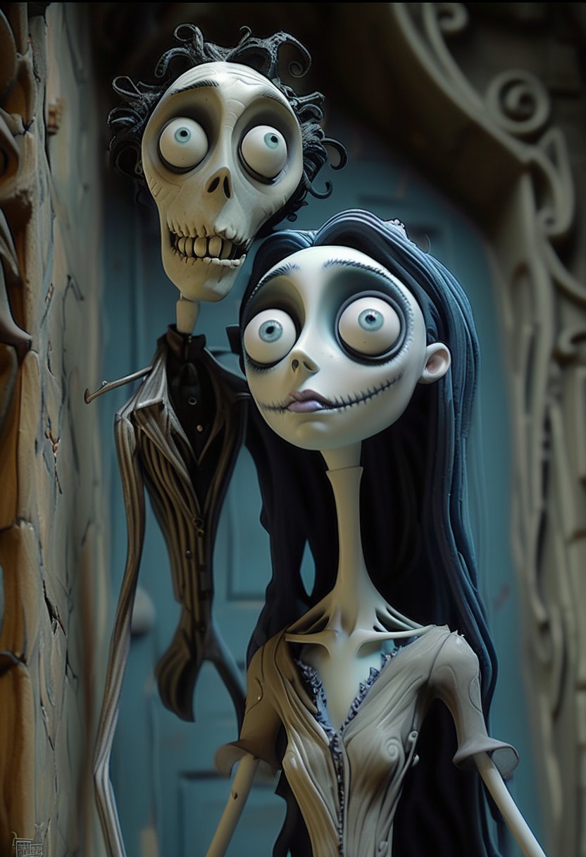 (Design: Tim Burton. Artwork based on concept art full body design of theme (Tim Burton's Corpse Bride) Oblique angle shot, Anatomy, Trending on ArtStation, Trending on CGSociety, Exquisite, High resolution, Sharp focus, Dramatic, Photorealistic painting art by Midjourney and Greg Rutkowski, LegendDarkFantas, 