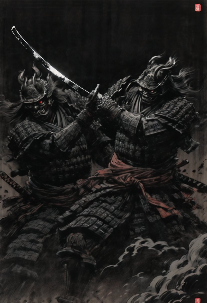 Score 9, Source Manga, (2 page manga) (Japanese samurai in Japanese armour engaged in slashing combat in the dark), Excellent image quality, Exquisite detail, Charcoal drawing, Charcoal, Popular Japanese action manga, Ink painting, Japanese garden, Holding a sword, Swinging a sword down, Black flowing aura, Glowing eyes, Demon mask, Cold air coming from mouth