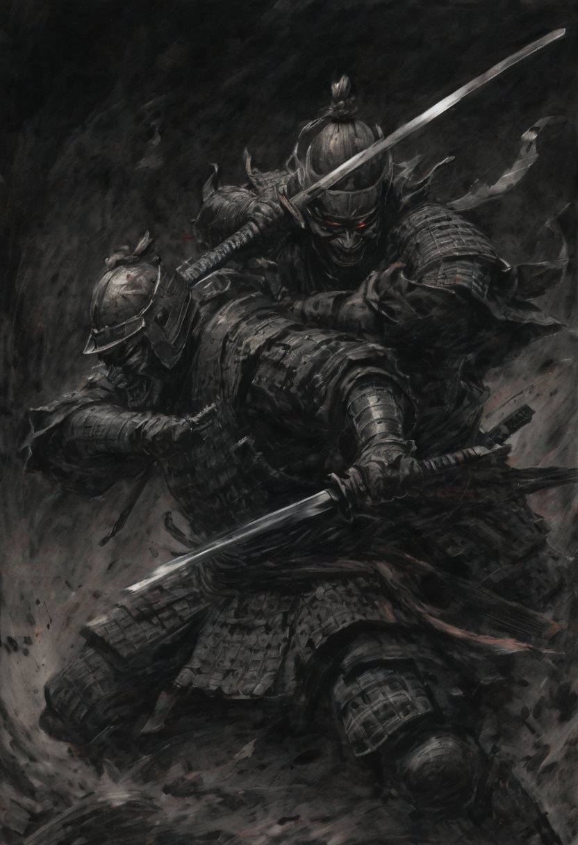 Score 9, Source Manga, (2 page manga) (Japanese samurai in Japanese armour engaged in slashing combat in the dark), Excellent image quality, Exquisite detail, Charcoal drawing, Charcoal, Popular Japanese action manga, Ink painting, Holding a sword, Swinging a sword down, Black aura, Glowing eyes, Demon mask