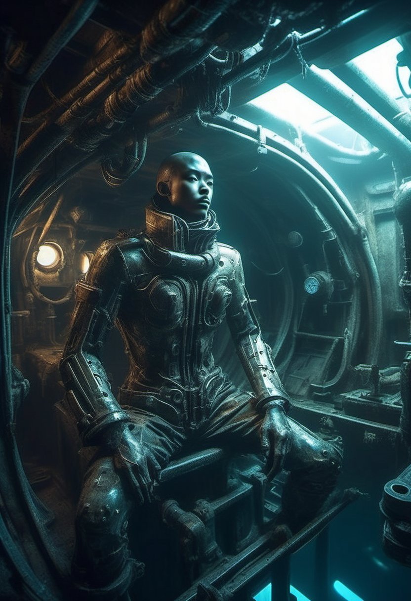 Underwater,  within a rusty-hued submarine,  a monochromatic scene unfolds. A sleek by Kariosutoro on Tensor.Art