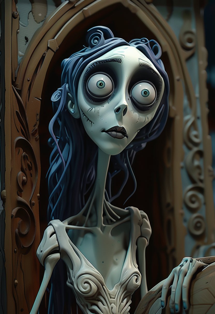 (Design: Tim Burton. Artwork based on concept art full body design of theme (Tim Burton's Corpse Bride) Oblique angle shot, Anatomy, Trending on ArtStation, Trending on CGSociety, Exquisite, High resolution, Sharp focus, Dramatic, Photorealistic painting art by Midjourney and Greg Rutkowski, LegendDarkFantas, 