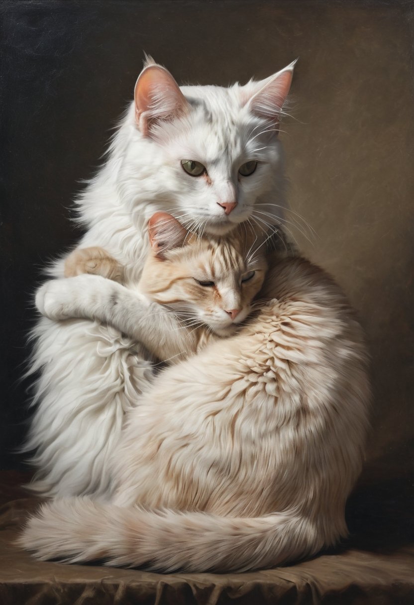 A cat hug in the style of Alessandro Magnasco