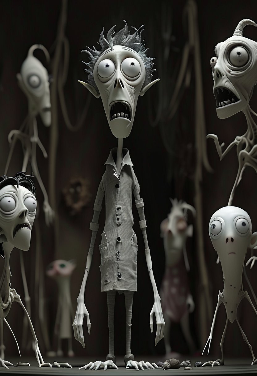 (Design: Tim Burton. Artwork based on concept art full body design of theme (Frankenweenie) Oblique angle shot, Anatomy, Trending on ArtStation, Trending on CGSociety, Exquisite, High resolution, Sharp focus, Dramatic, Photorealistic painting art by Midjourney and Greg Rutkowski, LegendDarkFantas, score_9, source_anime, (w-panel comic) Tortured by a vampire. Imprisoned by Marvel Comics.