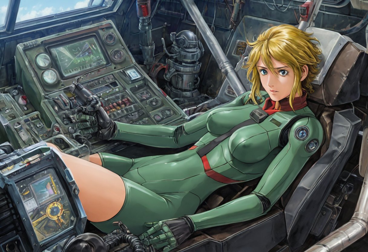 A girl in a skin-tight plug suit yells (grabbing the control lever) as she pilots a robot cockpit of valves, pipes, cables, holograms and displays. Sharp, detailed, cinematic, epic, detailed, messy, cluttered. Maschinen Krieger ZbV3000. (Artworks Mechanical design by Hiroshi Yokoyama)In military colors and with distressed finish.CXL-Mech., Gundam Wing Cockpit,diorama