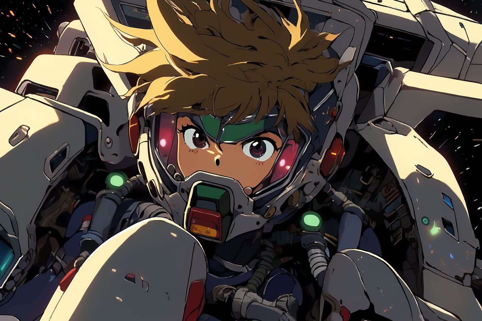 A girl in a skin-tight plug suit yells (grabbing the control lever) as she pilots a robot cockpit of valves, pipes, cables, holograms and displays. Sharp, detailed, cinematic, epic, detailed, messy, cluttered. Gundam Wing Cockpit,glowneon,glowing,sparks,lightning