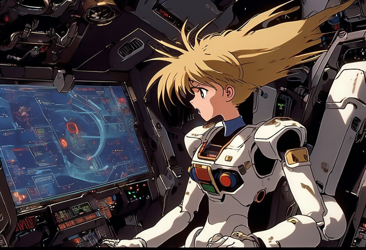 A girl in a skin-tight plug suit yells (grabbing the control lever) as she pilots a robot cockpit of valves, pipes, cables, holograms and displays. Sharp, detailed, cinematic, epic, detailed, messy, cluttered. CXL-Mech., Gundam Wing Cockpit